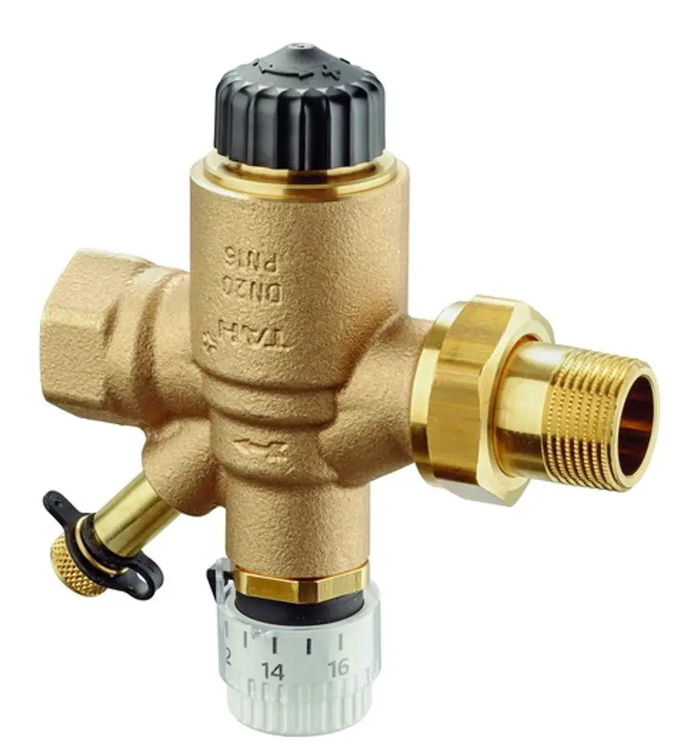 Rücklauftemperaturregler aus Messing mit Einstellknopf und Anschluss für Kühlanlagen, hergestellt von IMI Hydronic Engineering.